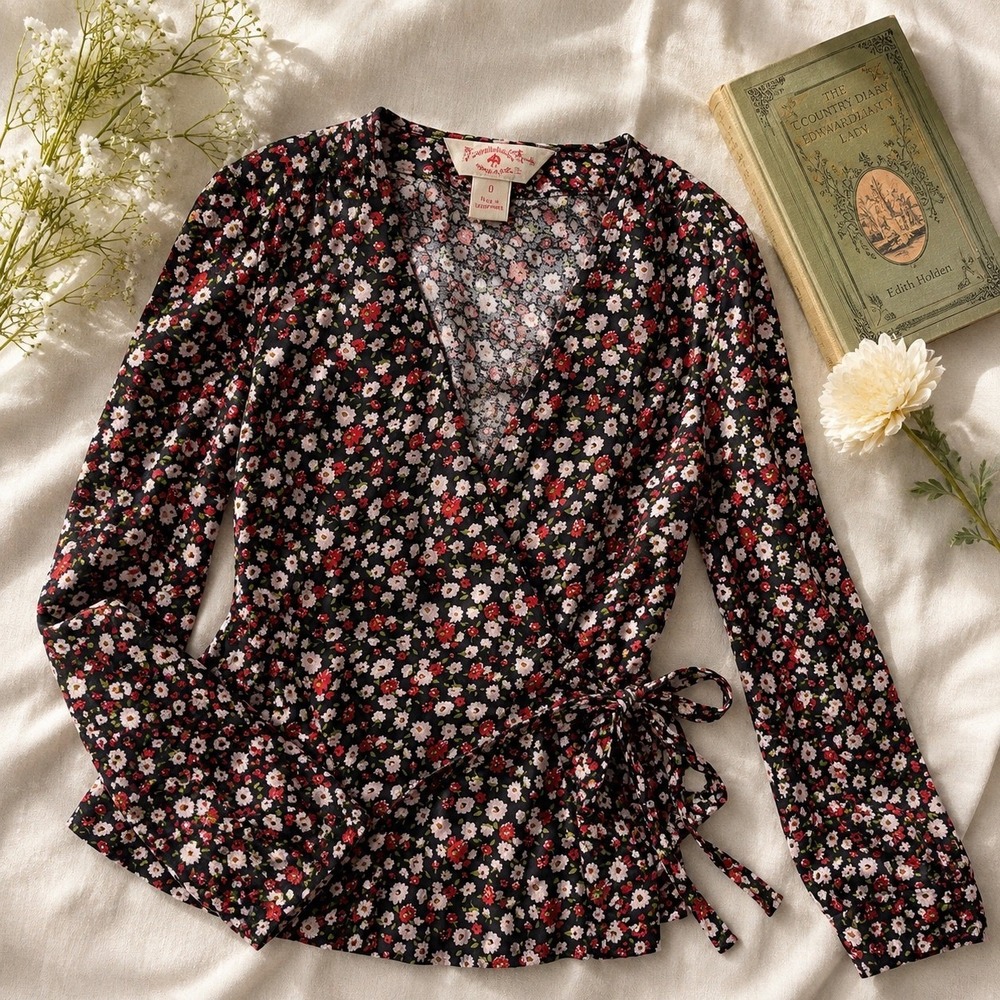 Brooks Brothers Red Fleece Wrap Top Womens 0 Floral Black Red Peplum Blouse